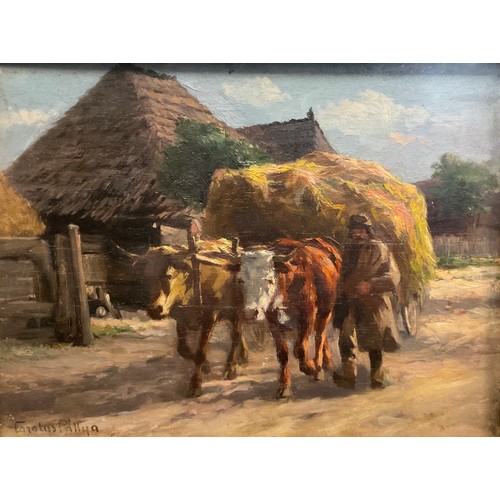 42 - Pállya Carolus (Hungarian 1875-1948), A Farmer and his Oxen, signed, oil on board, 19cm x 25cm.