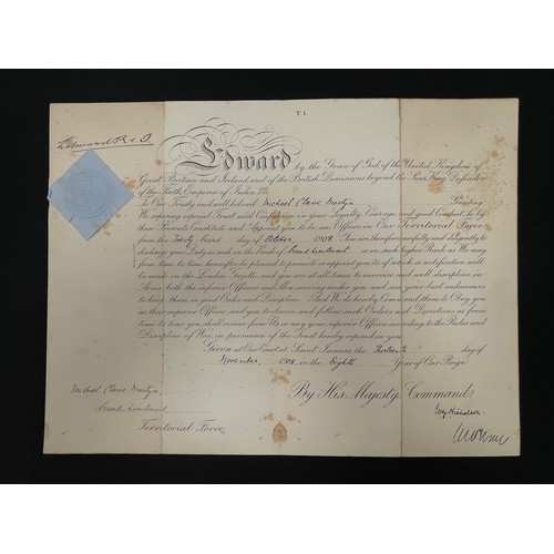 4071 - British Commission Citation to Second Lt Michael Cleeve Martyn. Dated October 22nd, 1908. Complete w... 