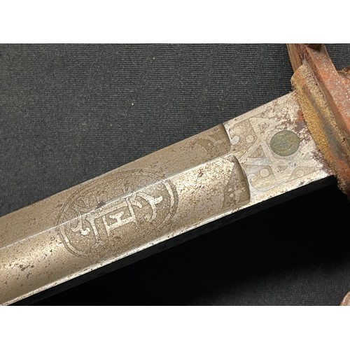 4081 - WW1 British Royal Artillery Officers Sword with proof marked single edged fullered blade with etched... 