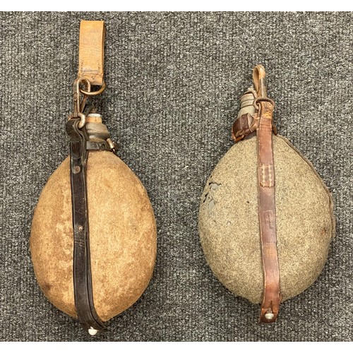 4124 - WW1 Imperial German Water Bottles x 2. Both with covers and leather harness. One dated 1916 to leath... 