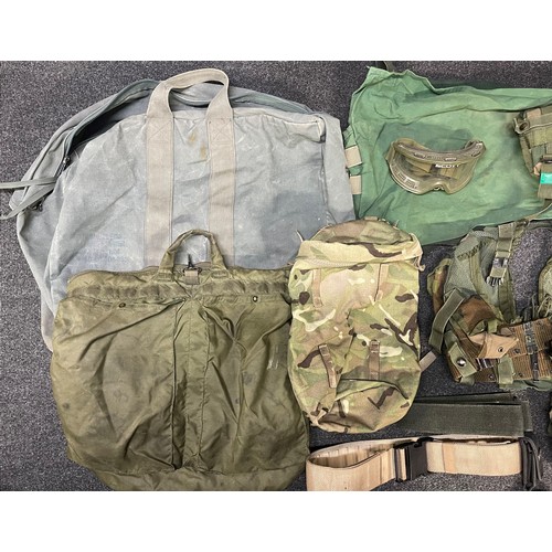 4270 - Various US & British Army Field Gear: US Belt rig and Yoke with water bottle, US Bag Flyers Helmet N... 