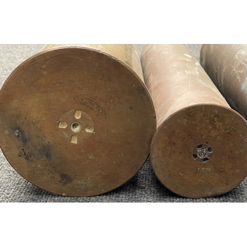 4277 - A collection of nine brass shell cases to include: 4.5 inch, 21prd, WW1 British 18prd, WW2 75mm, etc... 