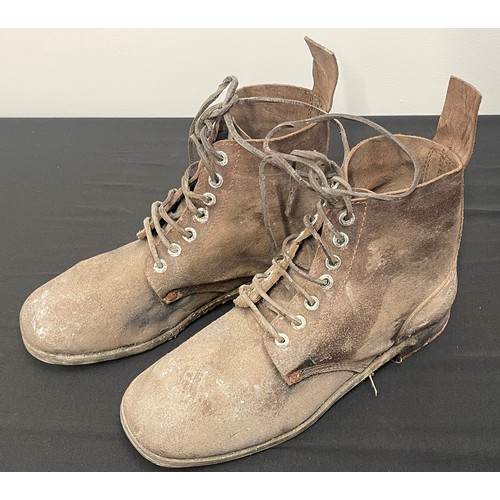 4282 - Pair of reproduction roughout leather ankle boots size 8, plus a resin reproduction Mills Grenade, r... 