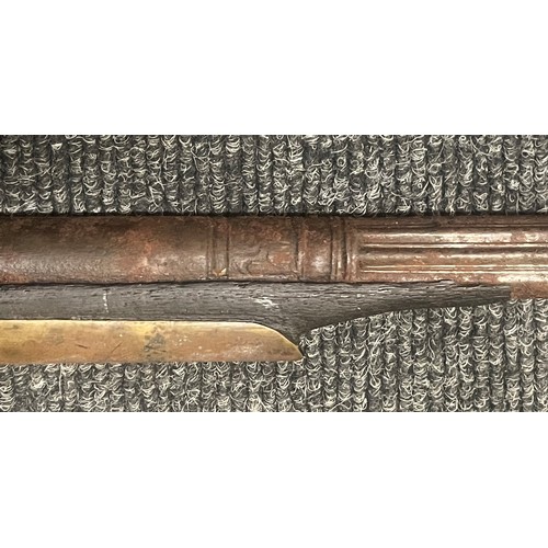 4313 - Matchlock Jezail camel gun with 112cm long barrel. Bore approx. 14mm. Overall length 160cm. Brass ba... 