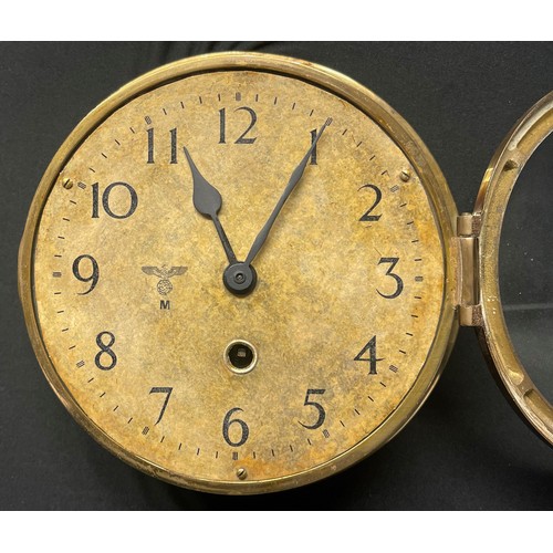 4358 - Reproduction KM Brass Ships Bulkhead Clock. Spurious makers marking on reverse. No key. Size of dial... 