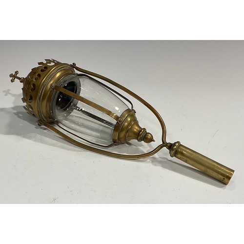 2538 - A Gothic Revival brass ecclesiastical processional lantern, foliate cross finial, 47cm long; a paint... 