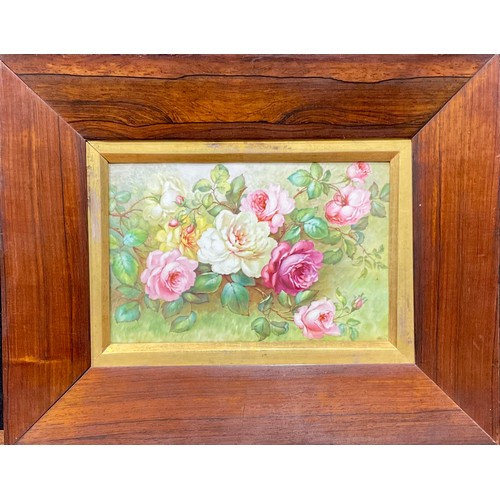 146A - An English porcelain rectangular plaque, painted by Albert Gregory, with pink, white and yellow rose... 