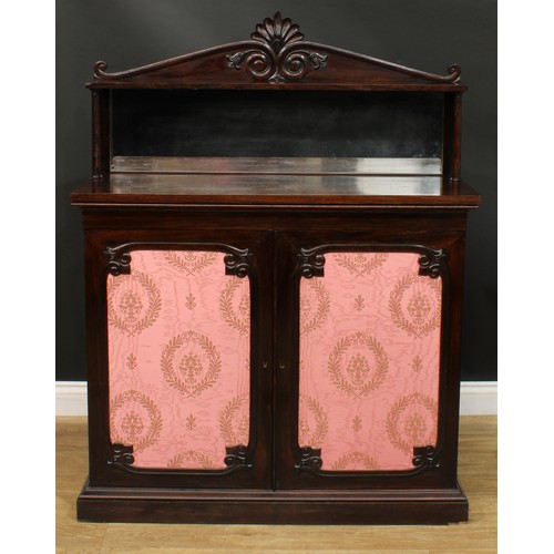 2513 - An early Victorian rosewood chiffonier, shaped superstructure with rectangular mirror, the base with... 