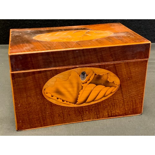 1 - A George III walnut veneered tea caddy, inlaid with shell-patera to top and front, boxwood stringing... 