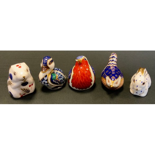 4 - Royal Crown Derby paperweights - Robin, Duckling, Dormouse, Rabbit, and Wren, all with gold stoppers... 