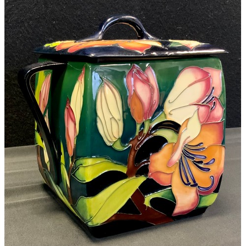 10 - A contemporary Moorcroft pottery square twin-handled biscuit barrel and cover, tube lined in the Pen... 