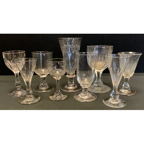 18 - A George III facet-cut wine glass;  other late 18th and 19th century wine glasses, Georgian, Regency... 