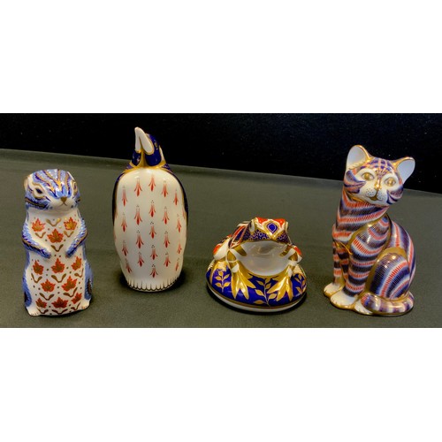 21 - Royal Crown Derby paperweights - seated cat, penguin, frog, chipmunk, all gold stoppers (4)