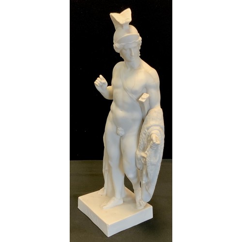 49 - A Copenhagen Parian classical figure, Jason, standing wearing a plumed helmet and holding the golden... 