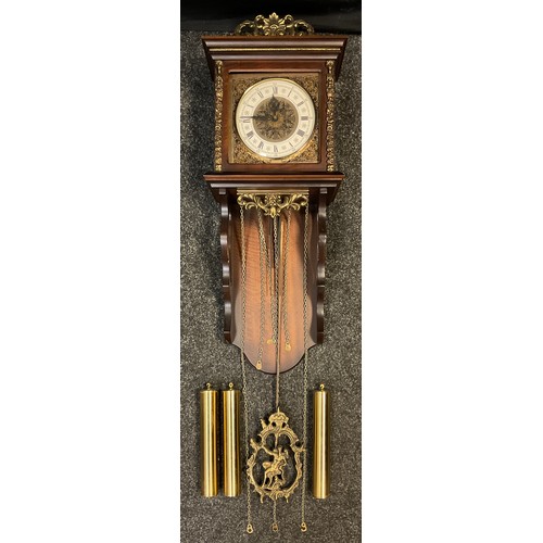 54 - A contemporary Dutch Urgos style wall clock, triple weight, pendulum, 75cm high x 29.5cm wide.