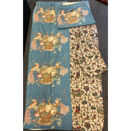 55 - Textiles - a pair of vintage lined curtains, in soft blue, with birds amongst flowering branches, bl... 