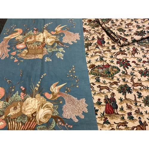 55 - Textiles - a pair of vintage lined curtains, in soft blue, with birds amongst flowering branches, bl... 