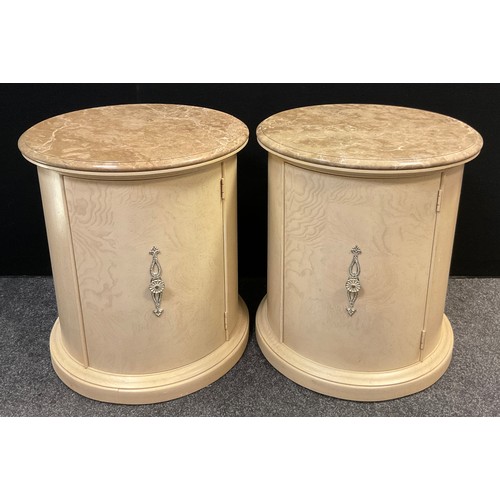 63 - A pair of contemporary limed ash bedside cabinets, of cylindrical form, circular Fendi-Beige marble ... 