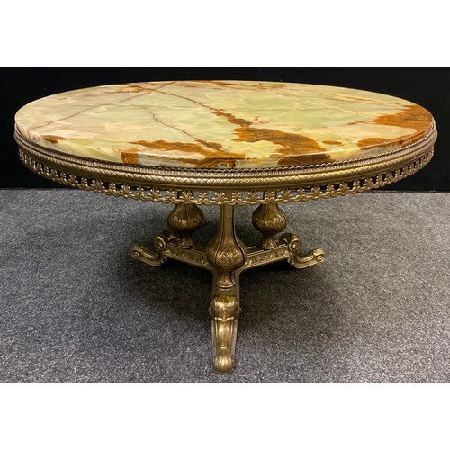 64 - A green onyx and brass circular centre table, or coffee table, 49.5cm high x 90cm diameter.