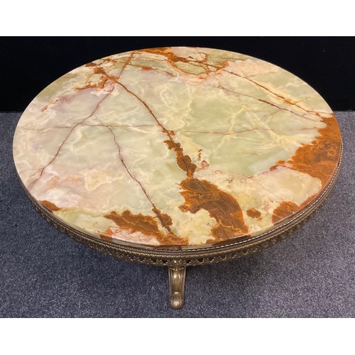 64 - A green onyx and brass circular centre table, or coffee table, 49.5cm high x 90cm diameter.