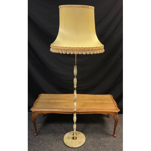 69 - A contemporary green onyx and brass standard lamp, sectional turned onyx and brass upright, circular... 