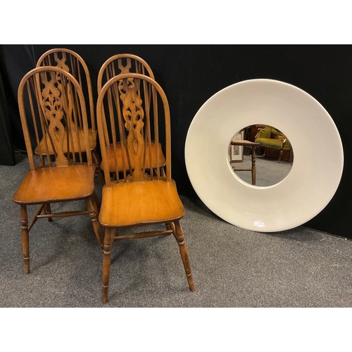 76 - A set of four spindle-back dining chairs;  a contemporary wall mirror, large circular concave Perspe... 