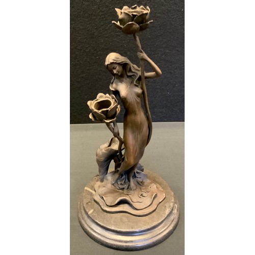 96 - A contemporary bronze figural candle stick, lily pad base, signed Milo, marble plinth, 33.5cm, high