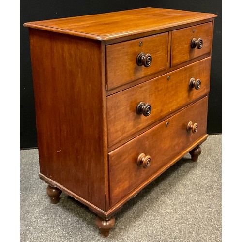 102 - A Victorian mahogany chest of drawers, two short over two long drawers, turned handles and feet, 89.... 