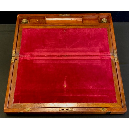 111 - A Victorian Burr walnut brass banded writing slope, velvet lined interior, with pen tray and inkwell... 