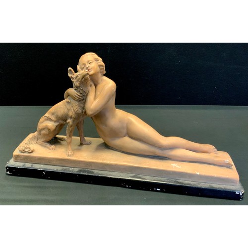 124 - An Art deco plaster sculpture, young woman and Alsatian dog, signed 'J.B. Paris Depose' c.1934