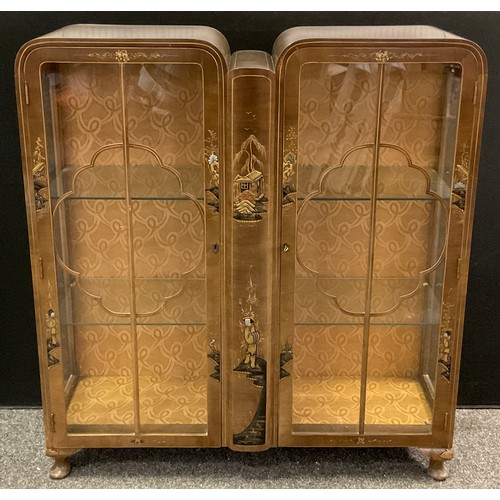 159 - A Chinoiserie china display cabinet, walnut veneer with lacquered decoration depicting figures and p... 