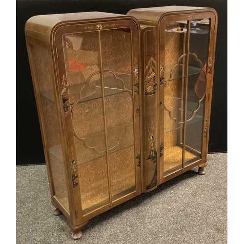 159 - A Chinoiserie china display cabinet, walnut veneer with lacquered decoration depicting figures and p... 