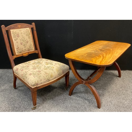 160 - An Edwardian inlaid walnut salon / nursing chair;  a reproduction mahogany occasional table, (2).