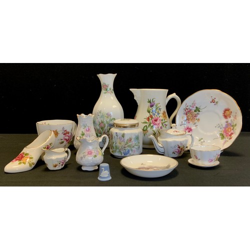 184 - Ceramics - Royal Crown Derby Posies miniature tea pot, Cream jug and sugar bowl;  larger cup and sau... 