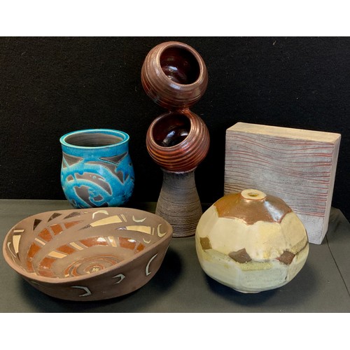 214 - Studio Pottery - Mary North Raku vase,  turquoise and black body; Marjorie Edwards Bowl;  Clive Broo... 