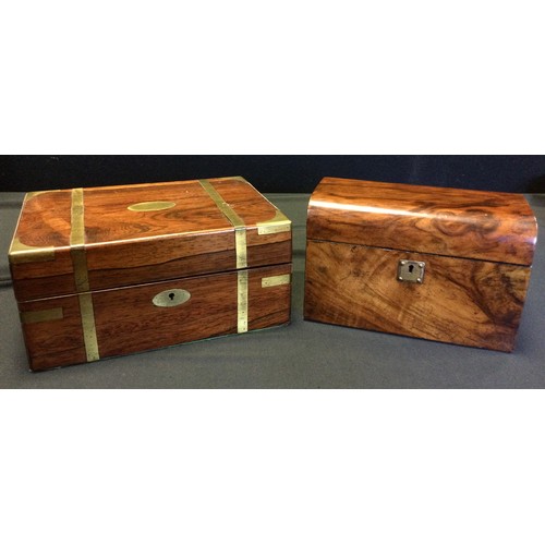 59 - A Victorian burr walnut dome-top tea caddy, hinged lid enclosing pair of lidded compartments, (later... 