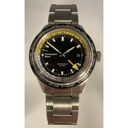 1004 - Christopher Ward - a C65 GMT Worldtimer automatic wristwatch, black dial, yellow and white register,... 