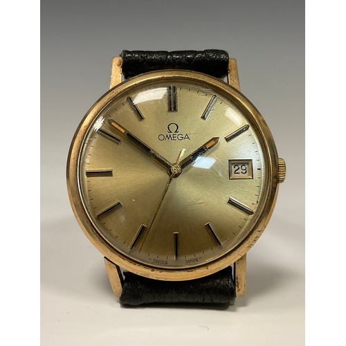 1160 - A 9ct gold gentleman's Omega wristwatch, gilt dial, block baton markers, centre seconds, manual stem... 