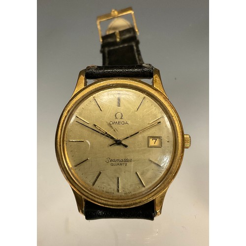 1141 - Omega - Seamaster Quartz gold plated wristwatch, brushed dial, baton markers, centre seconds, date a... 