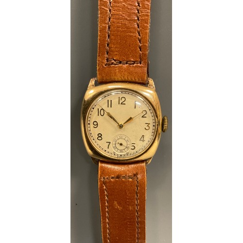 1120 - A late 1930s 9ct gold cased wristwatch, silver dial, Arabic numerals, minute track, subsidiary secon... 