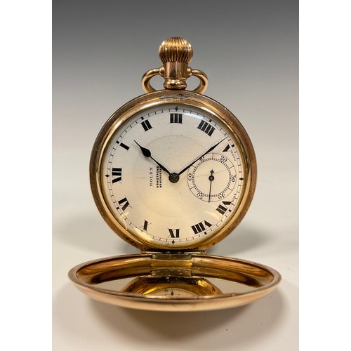 1174 - Rolex - gold plated hunter cased pocket watch, 50mm diameter case, white enamel dial, bold Roman num... 