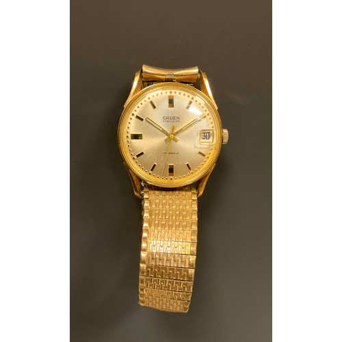 1040 - Gruen - Precision gold plated wristwatch, 33mm wide case, silver dial, block baton markers, centre s... 