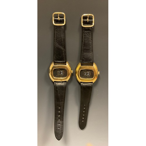 1053 - Sanford - two digital jump hour 1970s wristwatches, brushed gilt metal cases, graphite grey aperture... 