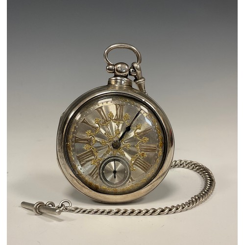 1182 - A Victorian silver pair cased pocket watch, ornate silver dial, Roman numerals, subsidiary seconds, ... 