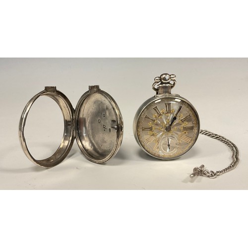 1182 - A Victorian silver pair cased pocket watch, ornate silver dial, Roman numerals, subsidiary seconds, ... 