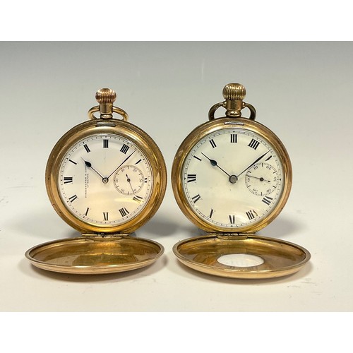 1163 - A Waltham Earl hunter gold plated cased pocket watch, white enamel dial, retailed by Schierwater & L... 