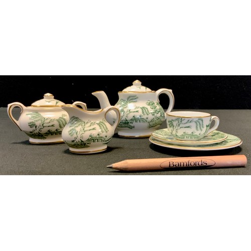 503 - A Coalport Miniature Green Willow pattern bachelor tea set, comprising teapot, sugar bowl, milk jug,... 