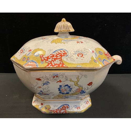 452A - A 19th century Masons Ironstone soup tureen and cover, decorated in a Tree and floral pattern printe... 