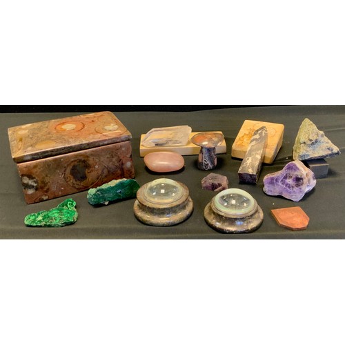 524 - Natural History - a rectangular ammonite fossil trinket box and cover;  stone Specimens inc Malachit... 