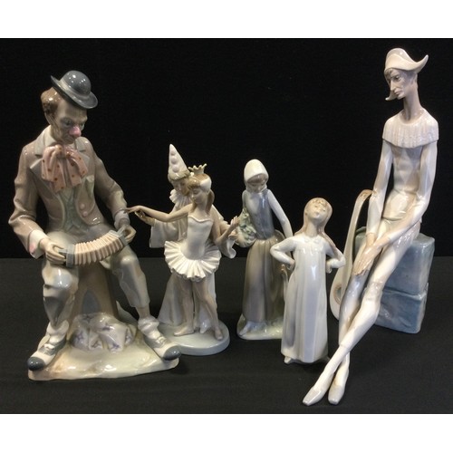 13 - Lladro figure of  woeful ‘Daisa’ , 37cm high, other Lladro figure of Ballerina and Clown dancing, 26... 